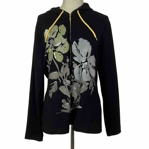 Susan Graver Floral  Zip Front Hooded Jacket Medium - Picture 1 of 8